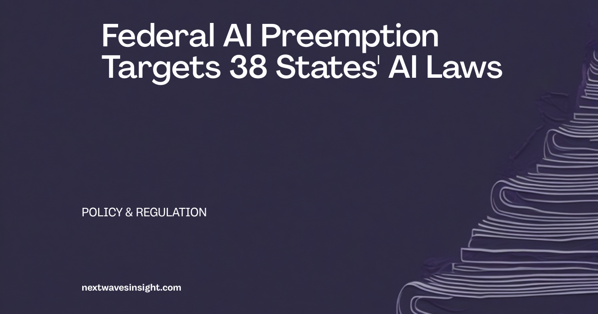Dark navy editorial card with the headline 'Federal AI Preemption Targets 38 States AI Laws' and document-stack line art - NextWave Insight Policy & Regulation pillar