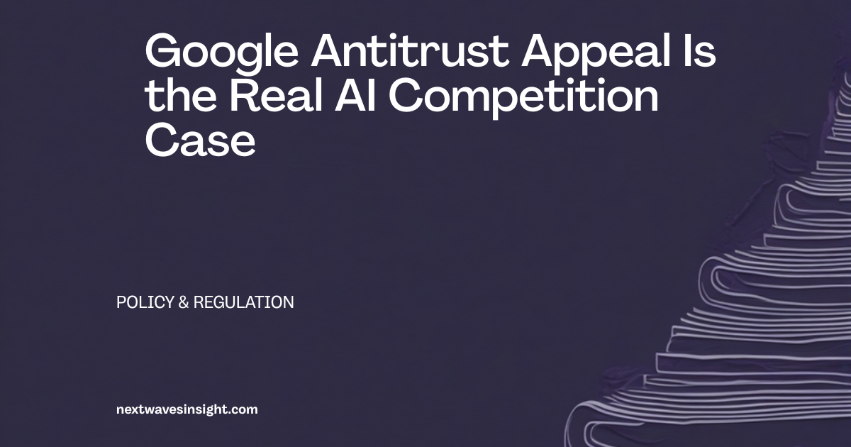 Dark navy editorial card with the headline 'Google Antitrust Appeal Is the Real AI Competition Case' and document-stack line art - NextWave Insight Policy & Regulation pillar