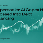 Teal-green gradient editorial card with the headline 'Hyperscaler AI Capex Has Crossed Into Debt Financing' and candlestick chart graphic - NextWave Insight Tech Economy pillar