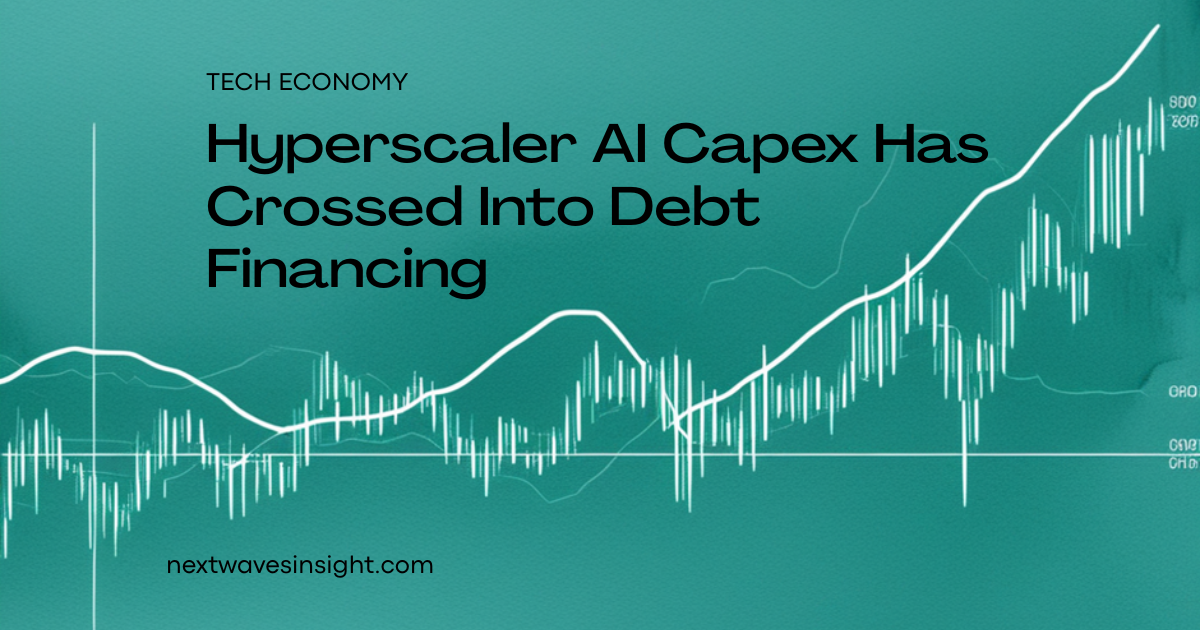 Teal-green gradient editorial card with the headline 'Hyperscaler AI Capex Has Crossed Into Debt Financing' and candlestick chart graphic - NextWave Insight Tech Economy pillar
